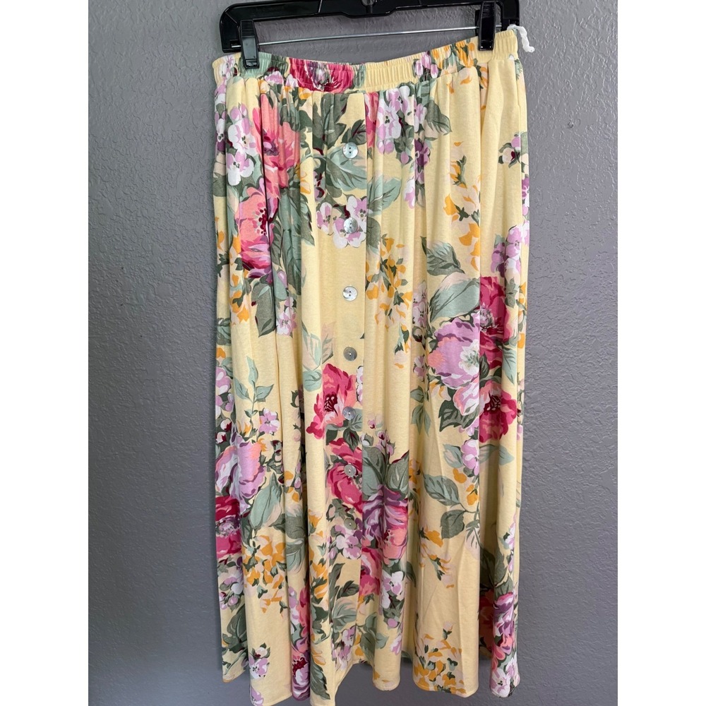 VTG Carol Anderson Floral Maxi Skirt XL Yellow Button Front Cottagecore Boho